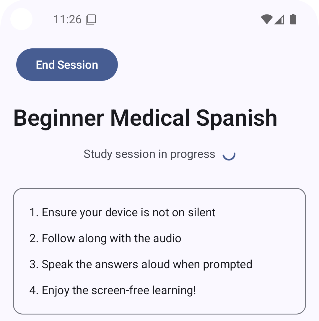 Audio Flash app interface on Android showing hands-free audio flashcard study