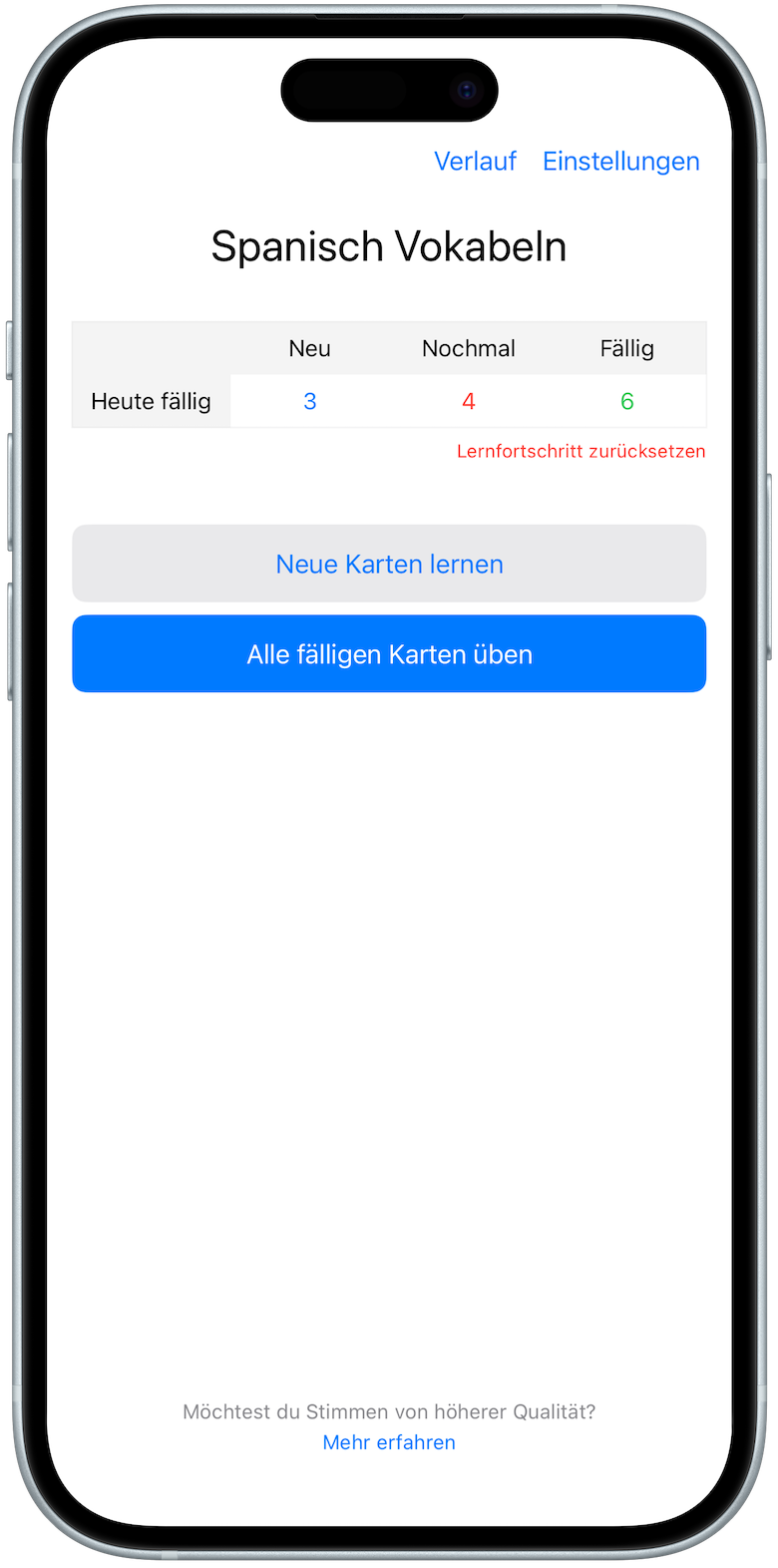 iPhone zeigt die Oberfläche der Audio Flash Audio-Karteikarten mit freihändigen Lernfunktionen