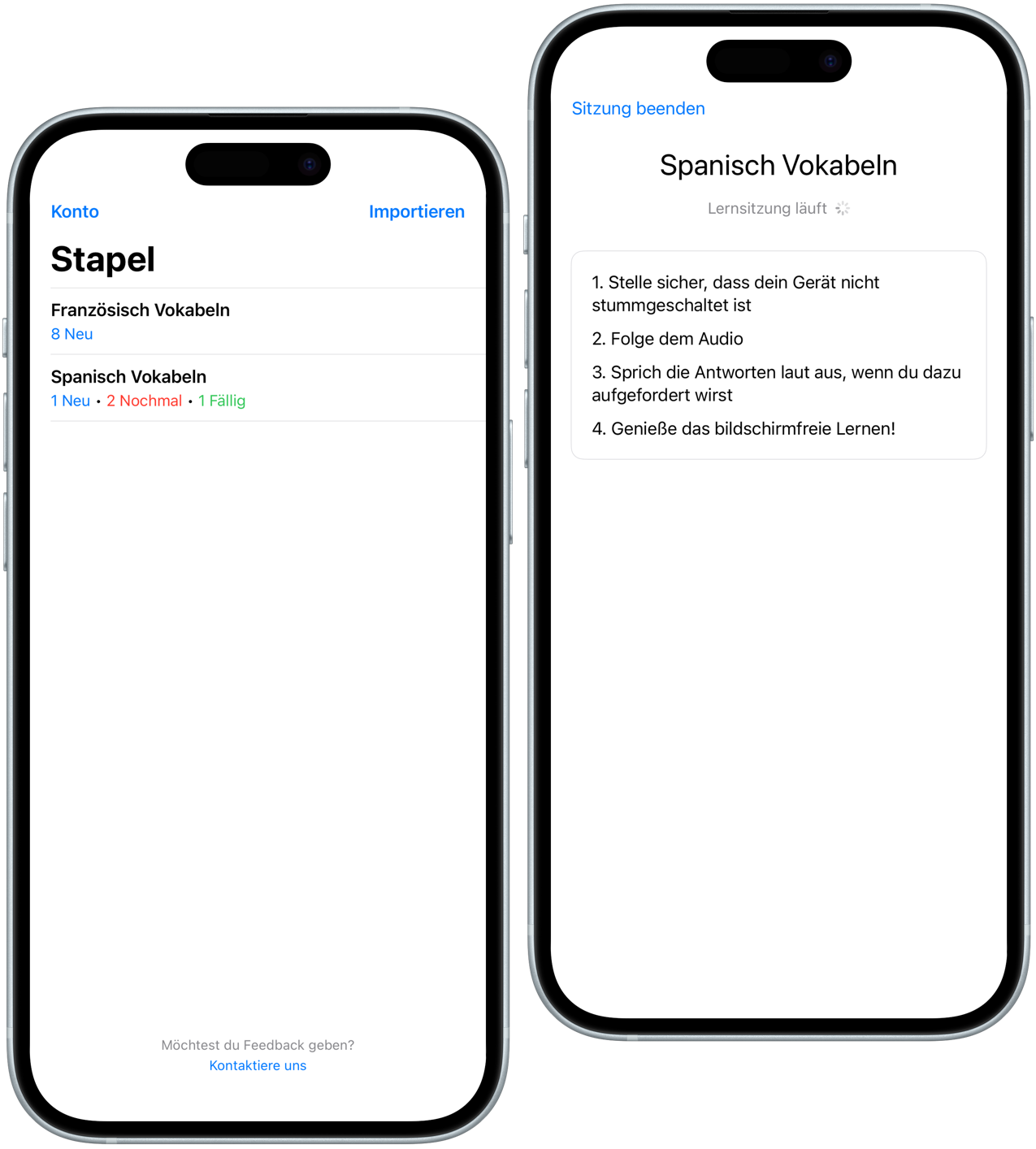 Benutzeroberfläche der Audio Flash-App, die das freihändige Lernen mit Audio-Karteikarten auf iPhone-Bildschirmen zeigt