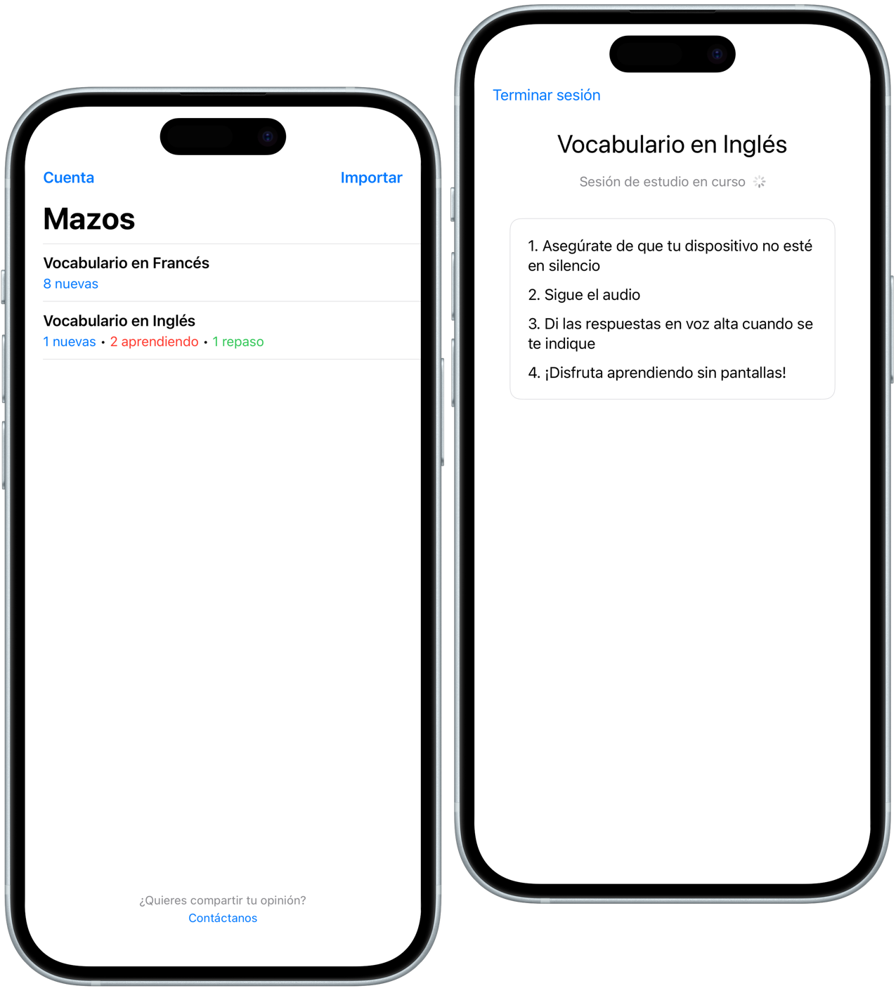 Interfaz de la aplicación Audio Flash mostrando el estudio de tarjetas de audio manos libres en pantallas de iPhone